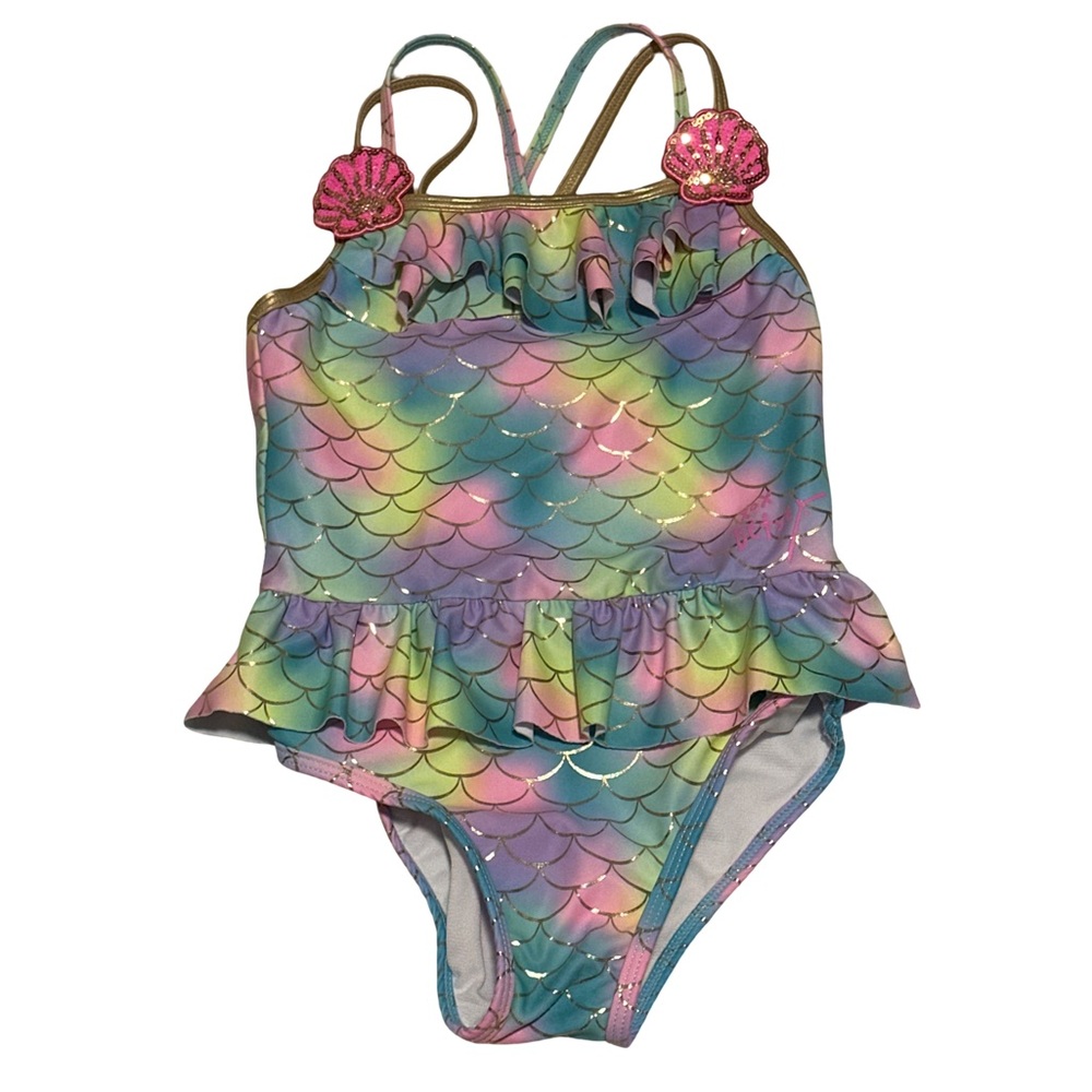 Betsey Johnson Girls 6 Rainbow Mermaid Scale One-Piece Swimsuit Ruffle Peplum